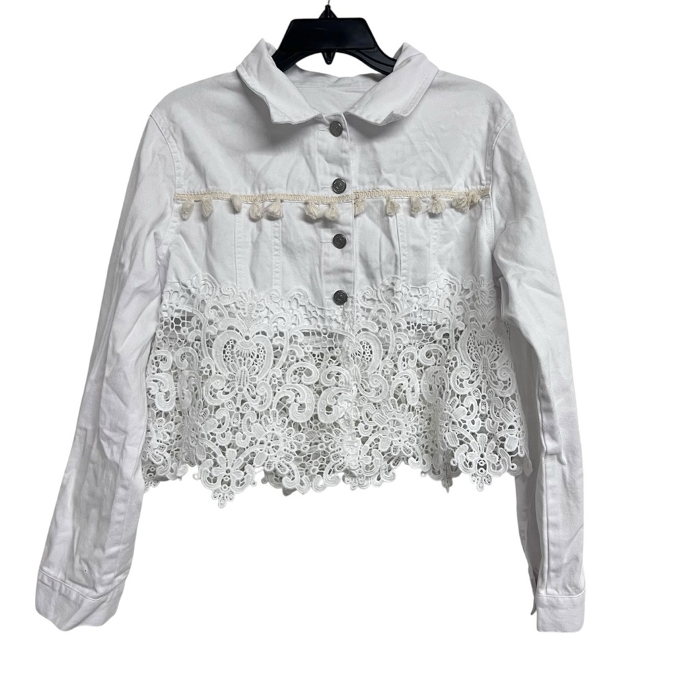 NEW White Lace Crochet Cropped Button Up Jacket Feminine Boho Festival Large